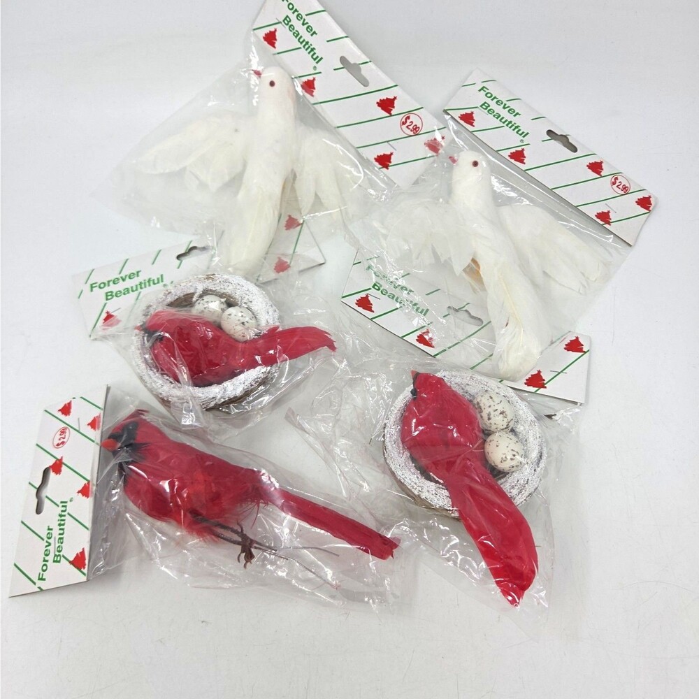 Lot 5 Vintage Nest Wire Feet Bird Christmas Ornament Cardinal and Dove
